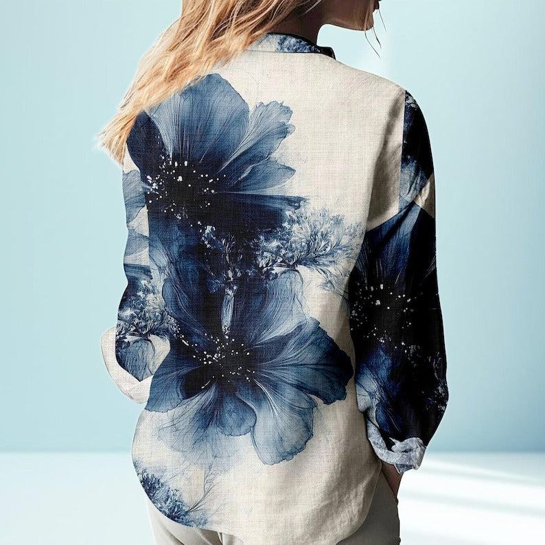 Blue Abstract Floral Print Blouse Shirt, Artistic Linen Look Button Up Top