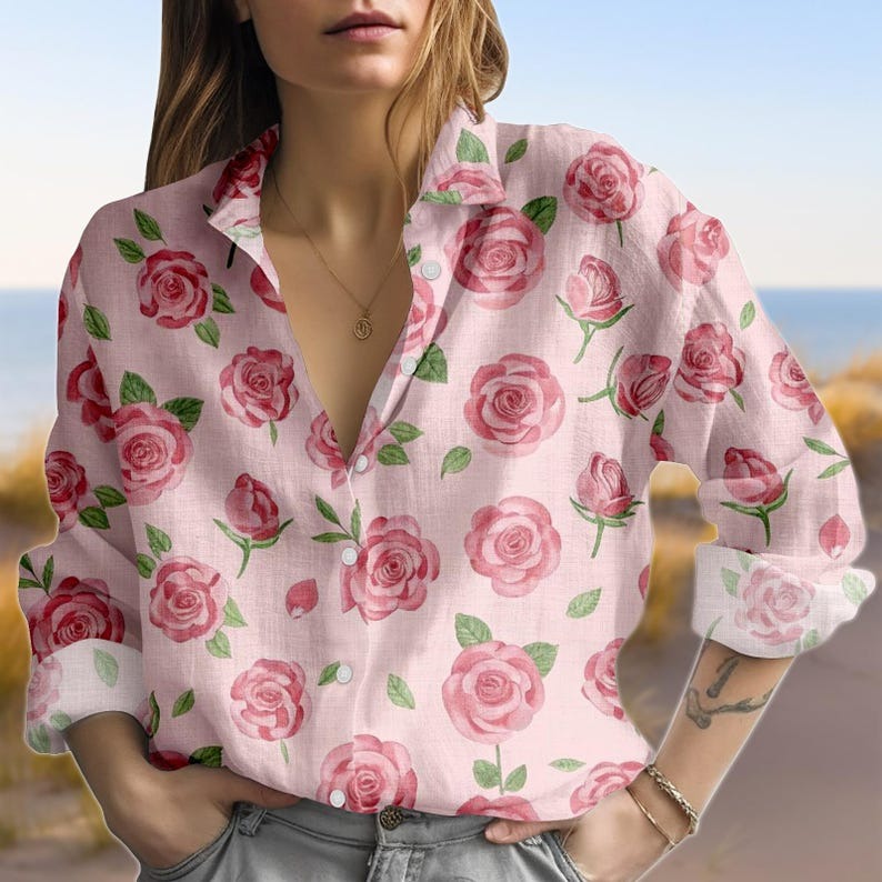 Pink Rose Floral Blouse Shirt, Watercolor Flower Print Linen Shirt