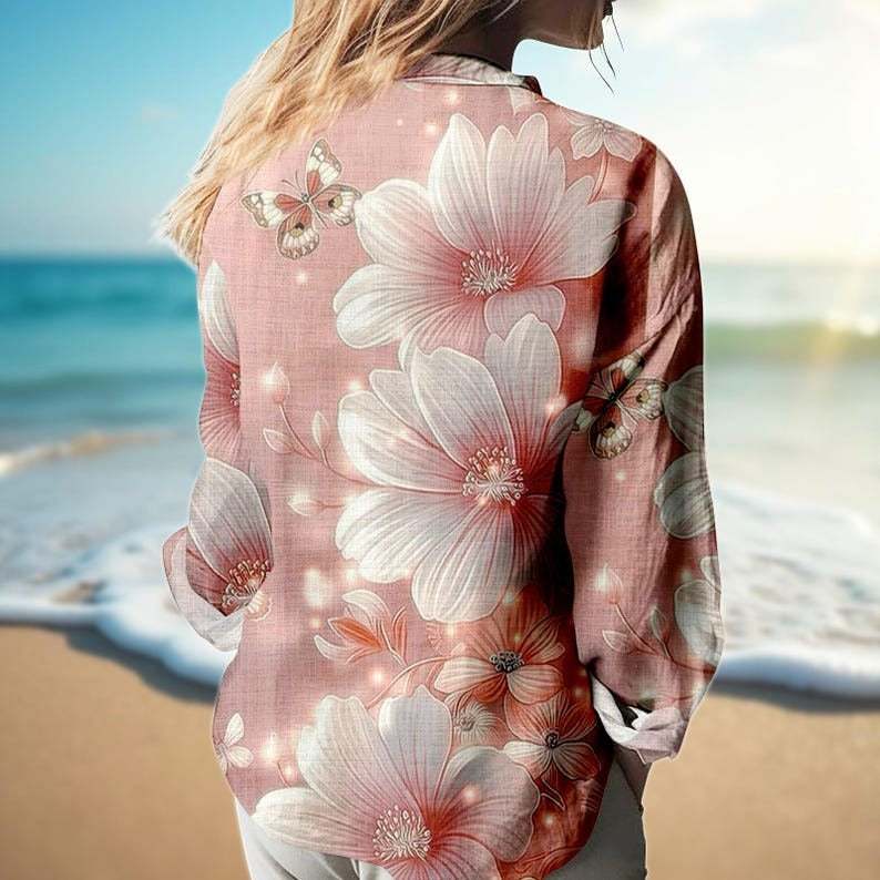 Pink Floral Butterfly Blouse Shirt, Women Linen Look Button Down Top