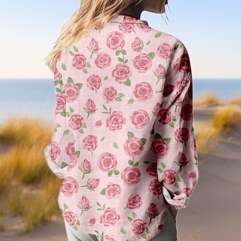 Pink Rose Floral Blouse Shirt, Watercolor Flower Print Linen Shirt