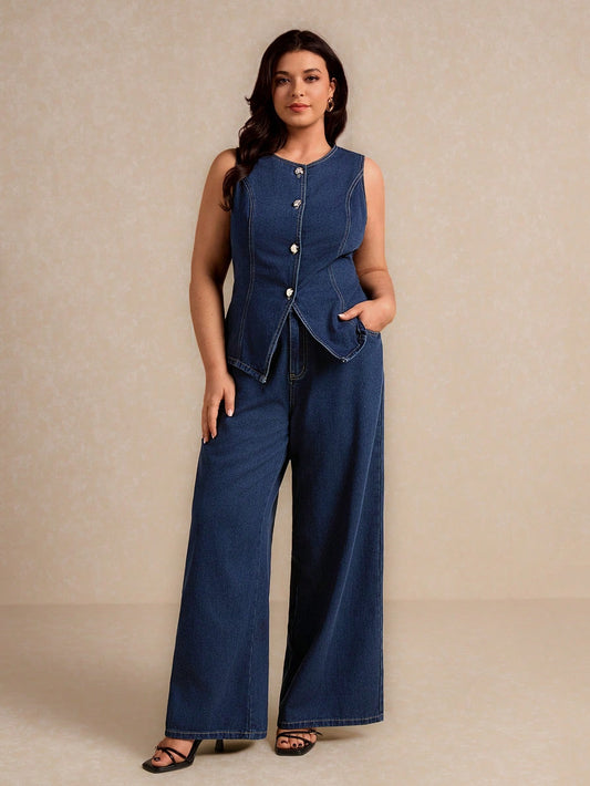 Denim 2 Pieces Set Sleeveless Vest And Pants