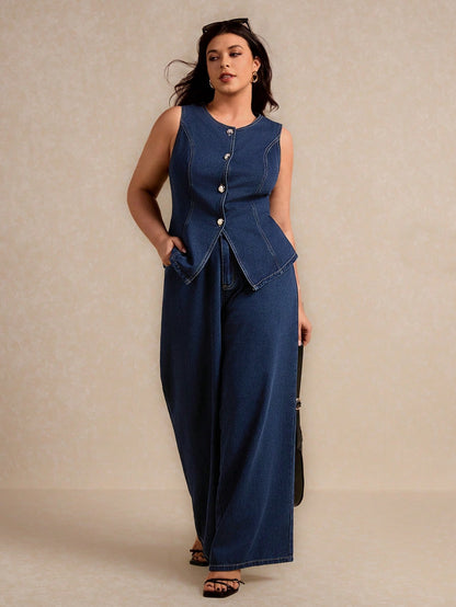 Denim 2 Pieces Set Sleeveless Vest And Pants