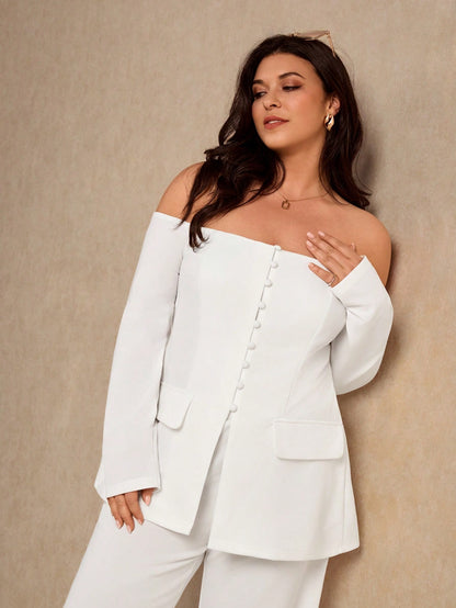 Long Sleeve old Women Pocket Simple Blouse And Pant Suit