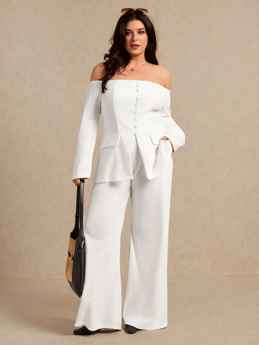 Long Sleeve old Women Pocket Simple Blouse And Pant Suit