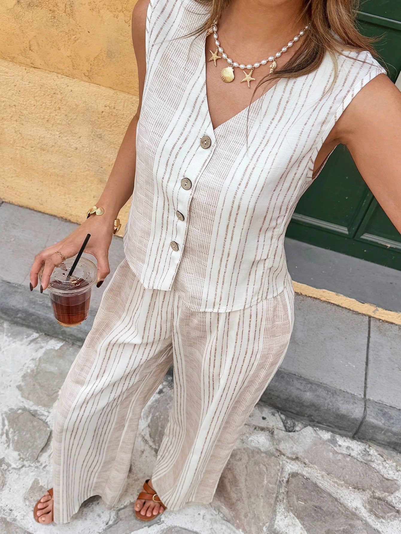 Women Commuter Striped Vest Set Two Piece