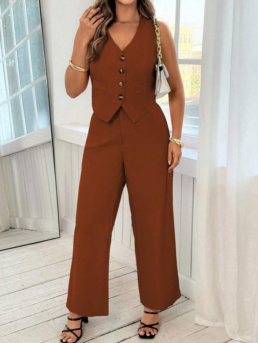 Women's Elegant Romantic Pink V-Neck Vest Top And Pants Set