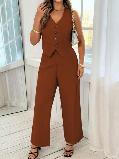 Women's Elegant Romantic Pink V-Neck Vest Top And Pants Set