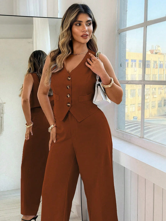 Women's Elegant Romantic Pink V-Neck Vest Top And Pants Set
