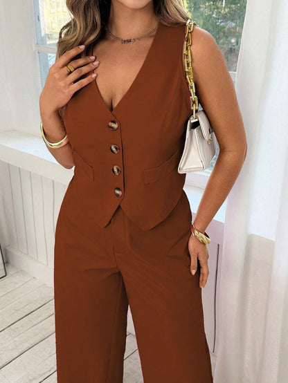 Women's Elegant Romantic Pink V-Neck Vest Top And Pants Set
