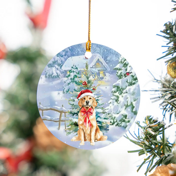 Christmas Golden Retriever Dog Santa Hat Ceramic Ornament