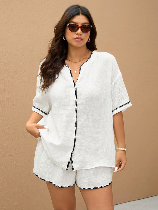 Textured Loose Short Sleeve Top And Shorts