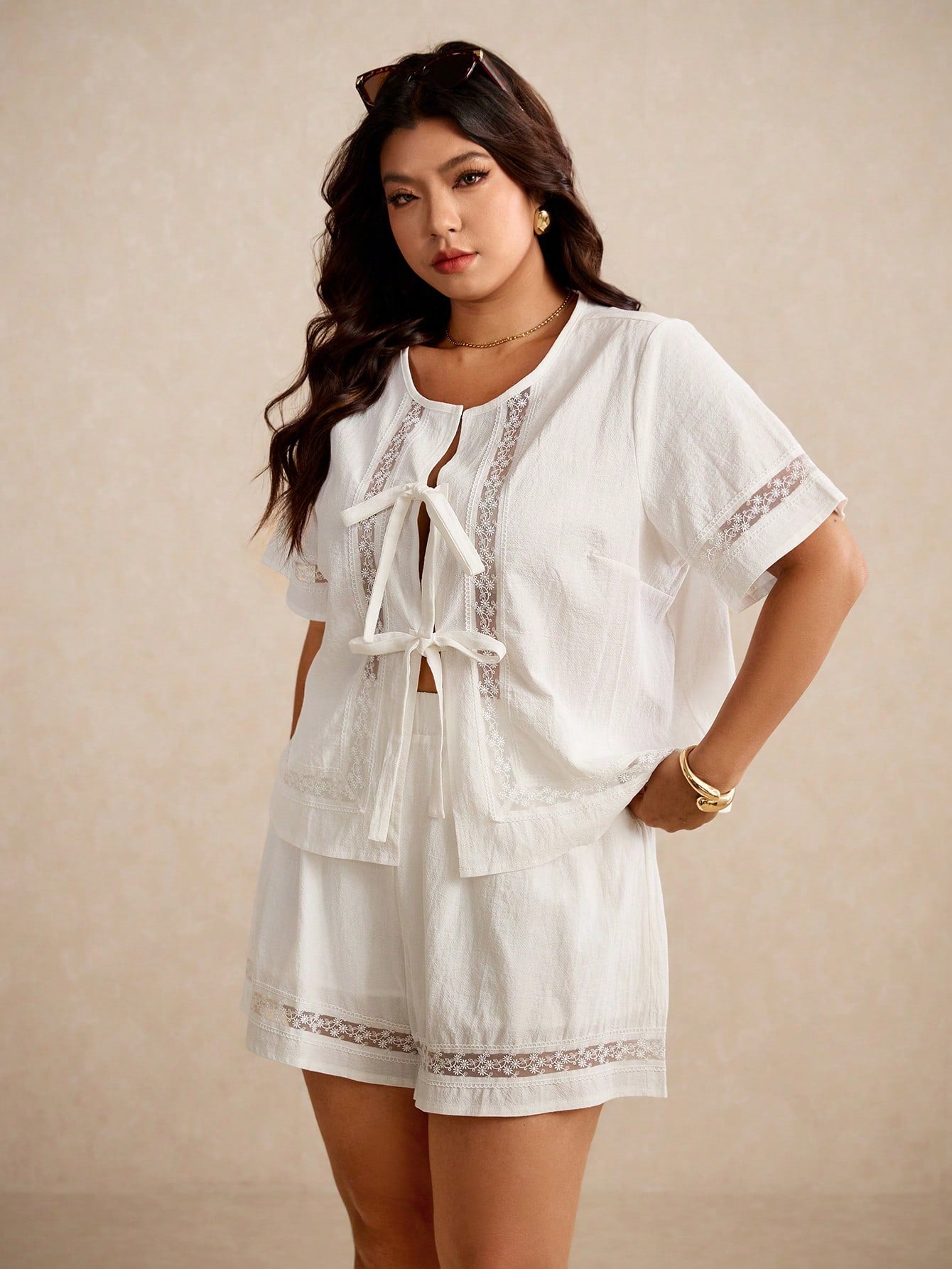 Women Fashion Casual Lace Patchwork Bowknot White Short Sleeve Shirt And Shorts