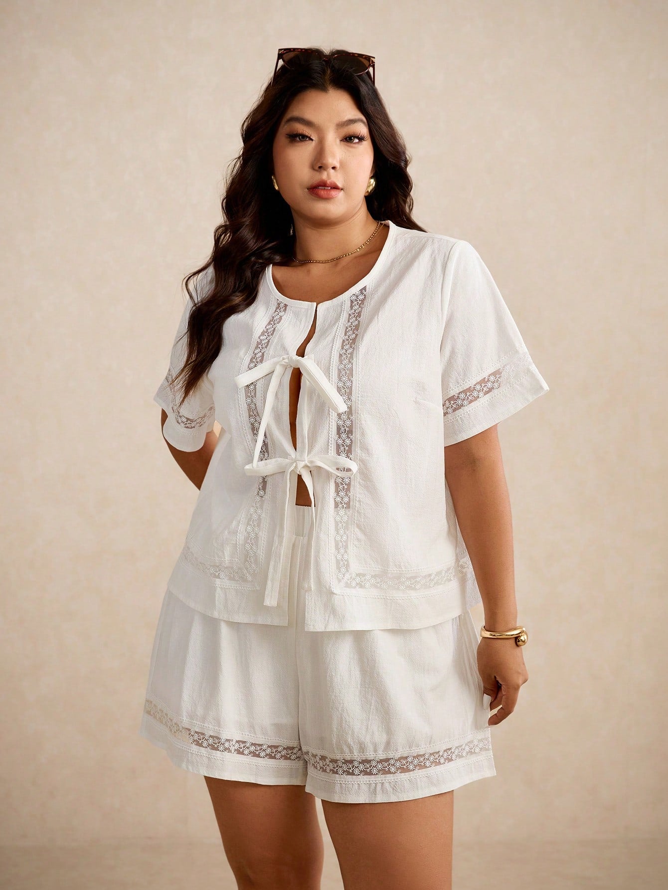 Women Fashion Casual Lace Patchwork Bowknot White Short Sleeve Shirt And Shorts