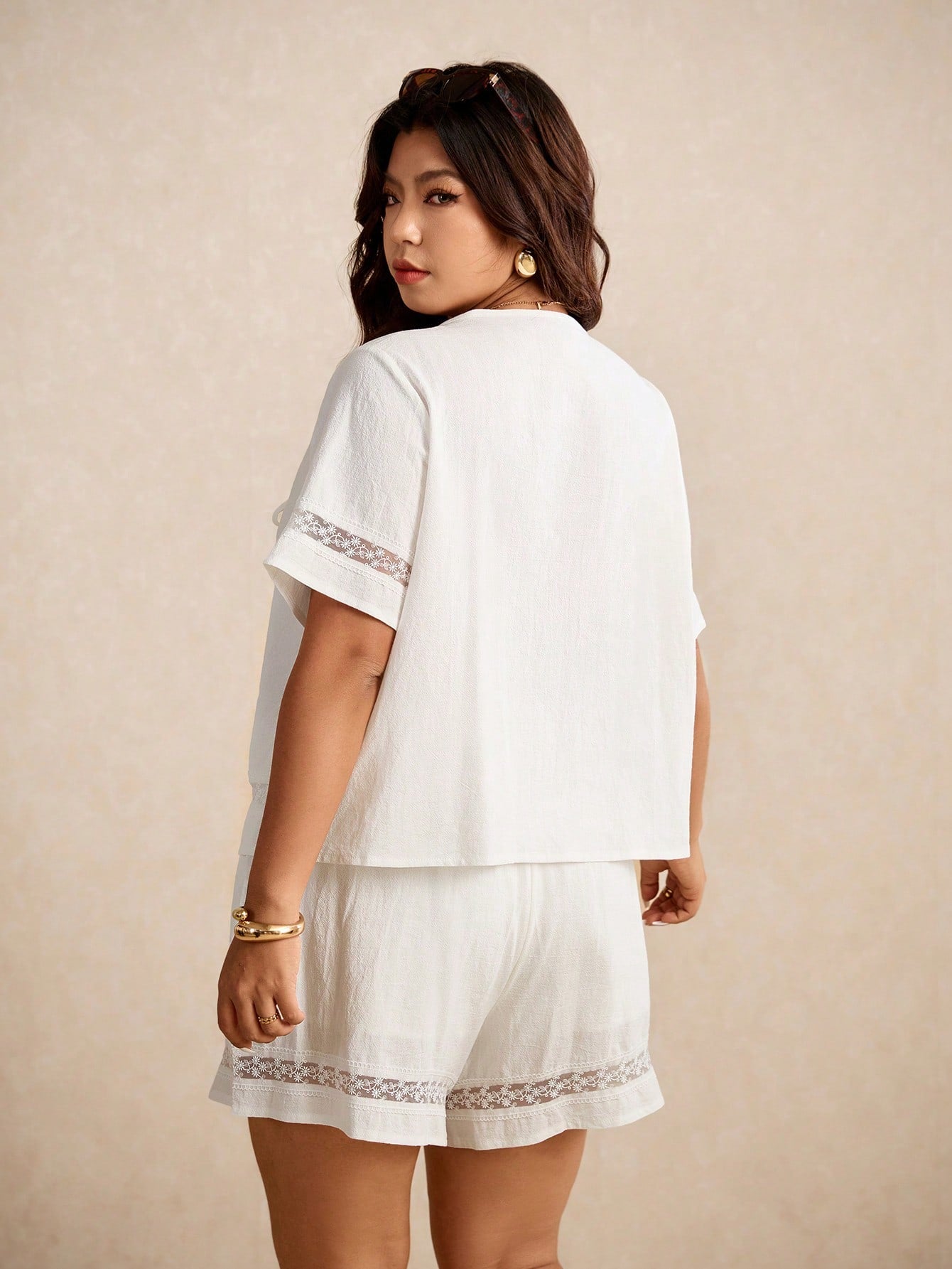 Women Fashion Casual Lace Patchwork Bowknot White Short Sleeve Shirt And Shorts