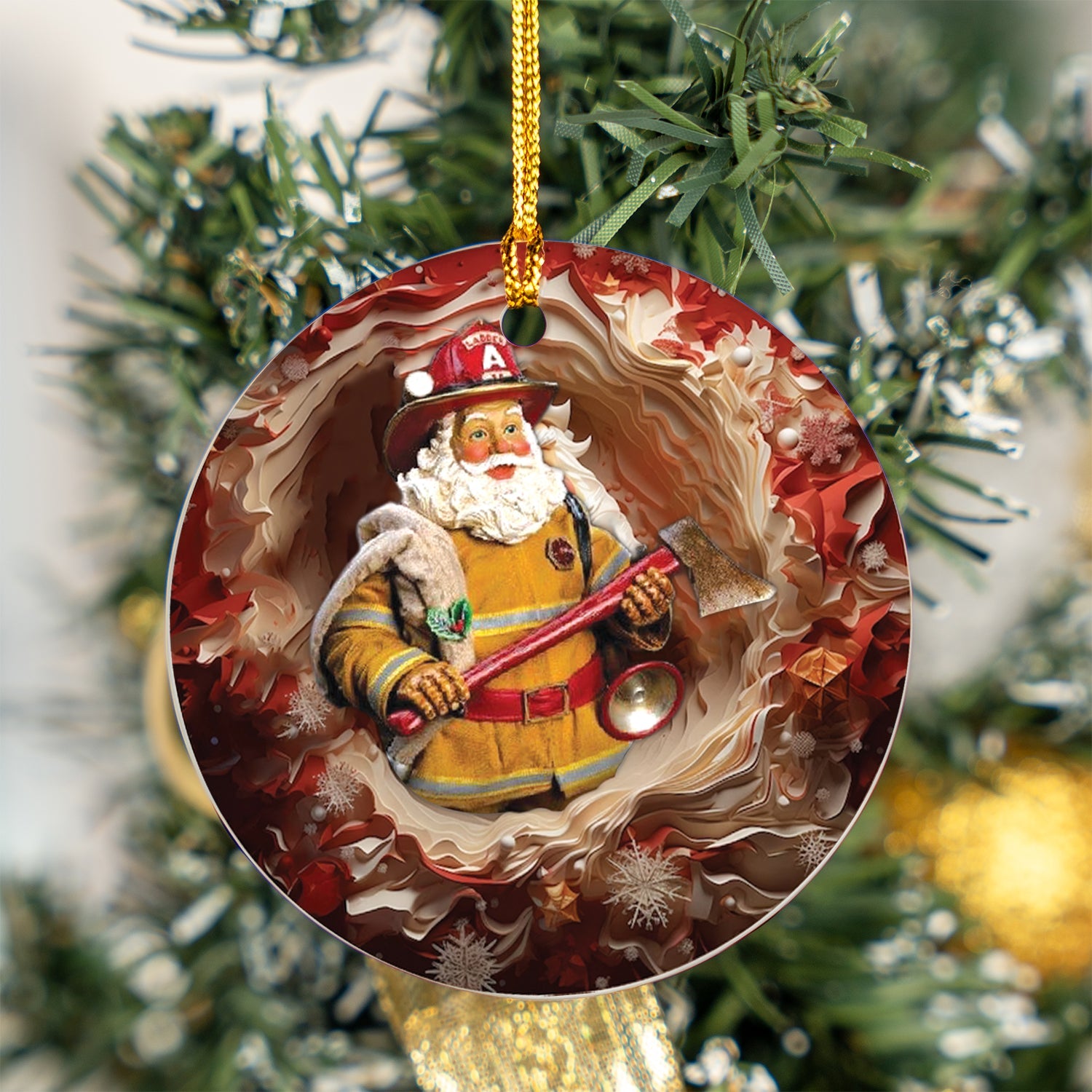 Firefighter Santa Ceramic Ornament