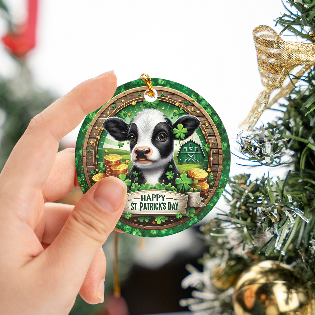 Happy St Patrick's Day Cow Ceramic Ornament