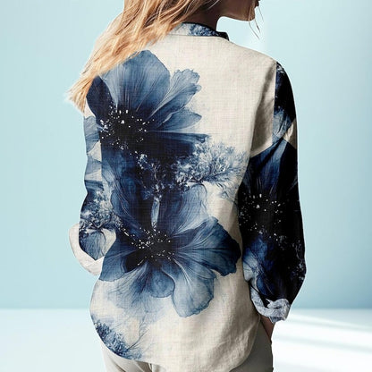 Blue Abstract Floral Print Blouse Shirt, Artistic Linen Look Button Up Top