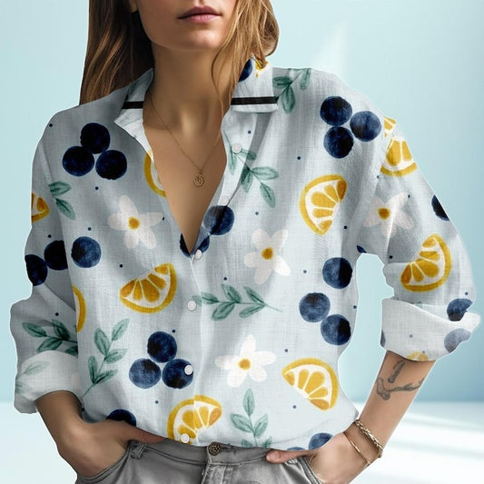 Blueberry Lemon Print Blouse Shirt, Fruit Pattern Linen Look Button Up Top