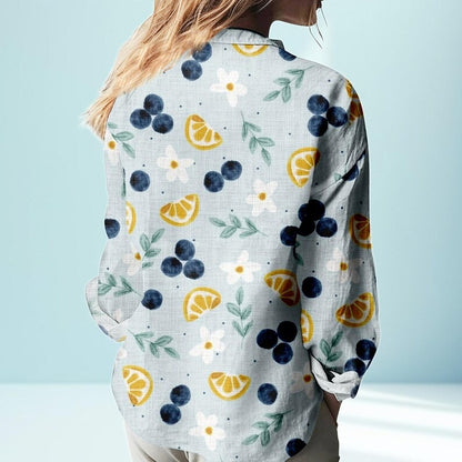 Blueberry Lemon Print Blouse Shirt, Fruit Pattern Linen Look Button Up Top