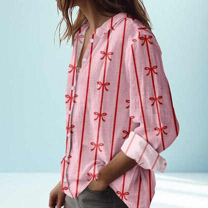 Pink Button Down Shirt With Red Bow Stripe Print | Long Sleeve Casual Blouse