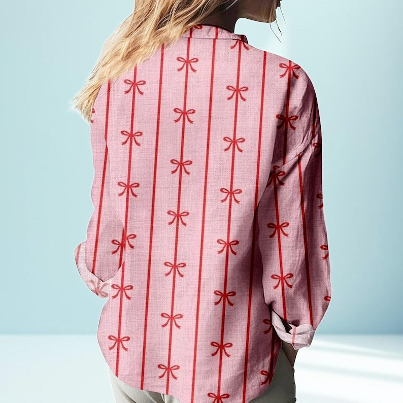 Pink Button Down Shirt With Red Bow Stripe Print | Long Sleeve Casual Blouse