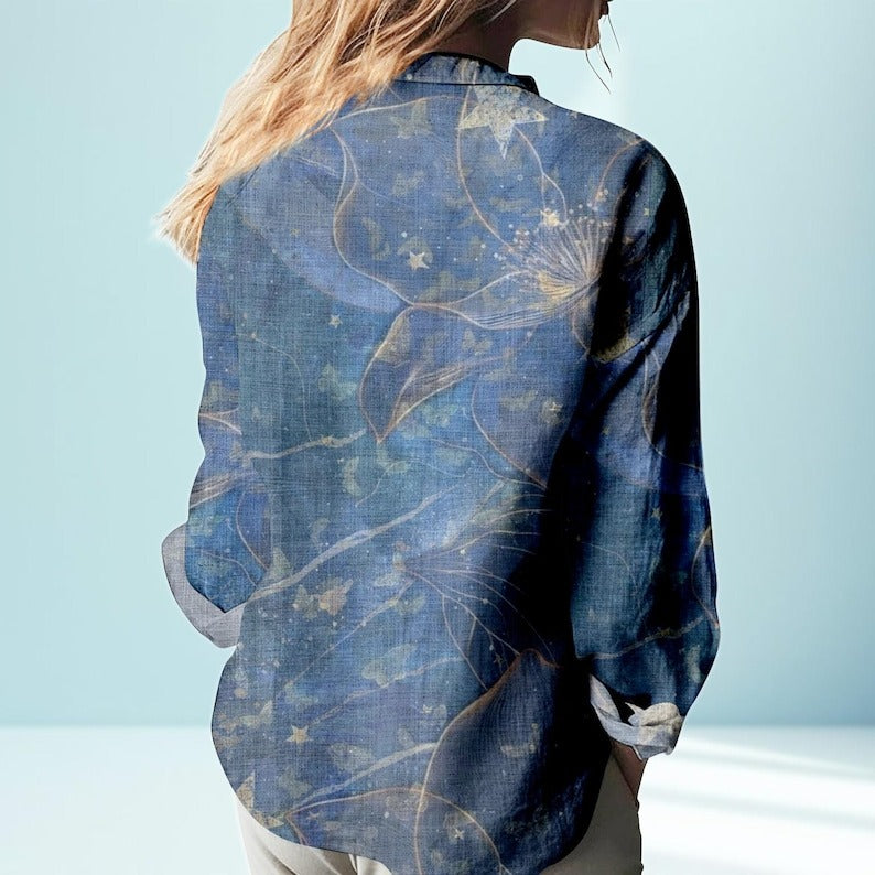 Blue Button Down Shirt With Celestial Floral Print | Long Sleeve Casual Top for Women