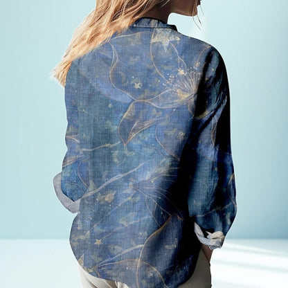 Blue Button Down Shirt With Celestial Floral Print | Long Sleeve Casual Top for Women