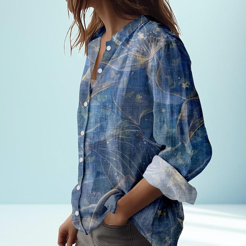 Blue Button Down Shirt With Celestial Floral Print | Long Sleeve Casual Top for Women