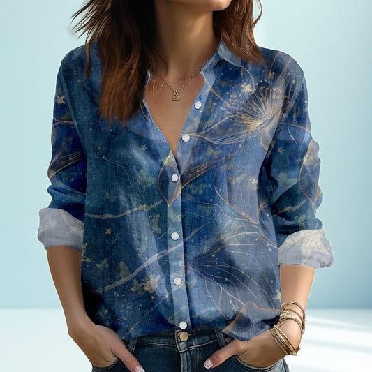 Blue Button Down Shirt With Celestial Floral Print | Long Sleeve Casual Top for Women