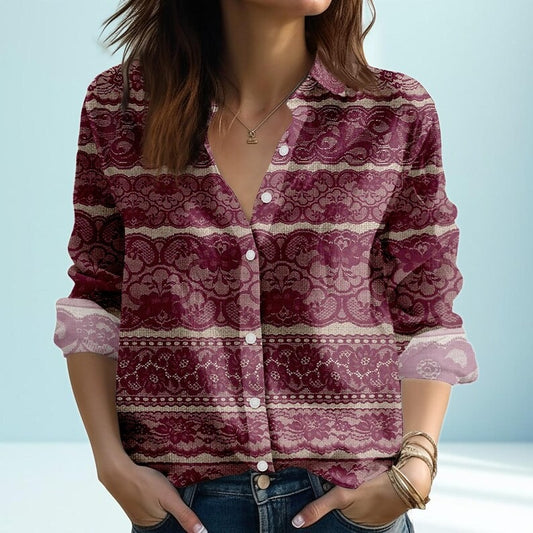 Maroon Lace Print Blouse Shirt, Women's Button Up Linen Look Top