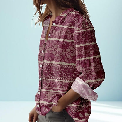 Maroon Lace Print Blouse Shirt, Women's Button Up Linen Look Top