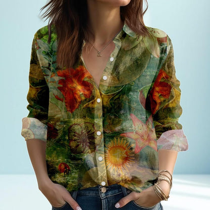 Floral Print Linen Shirt for Women, Button Up Long Sleeve Blouse