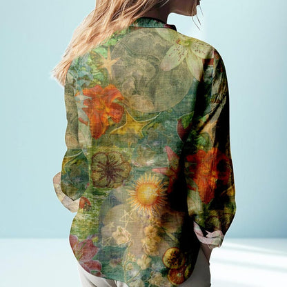 Floral Print Linen Shirt for Women, Button Up Long Sleeve Blouse