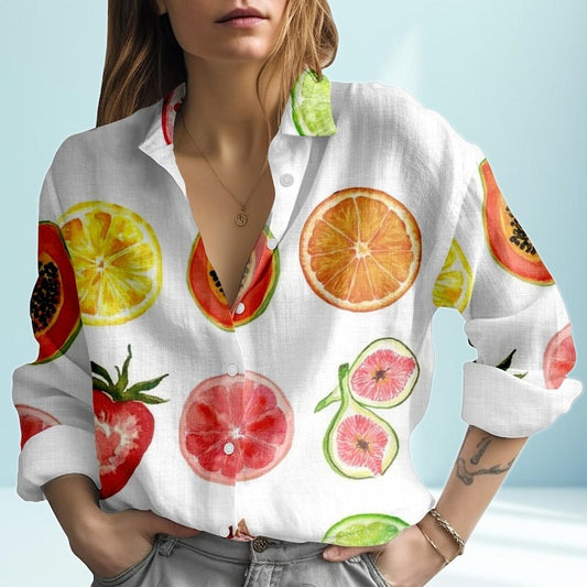 Linen Look Fruit Print Blouse Shirt, Colorful Citrus Strawberry Papaya Fig Grapefruit Design