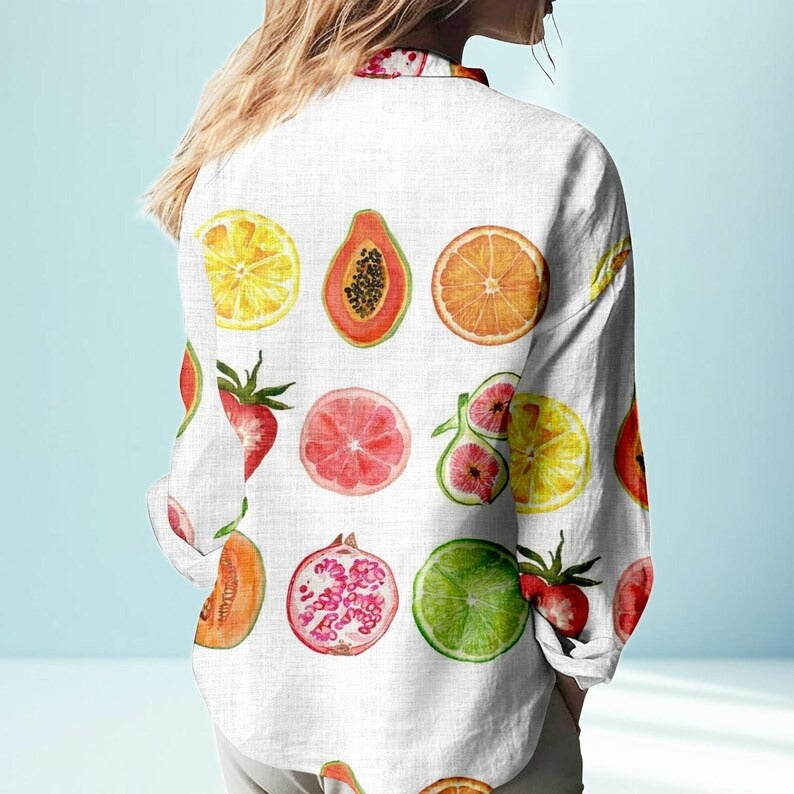 Linen Look Fruit Print Blouse Shirt, Colorful Citrus Strawberry Papaya Fig Grapefruit Design