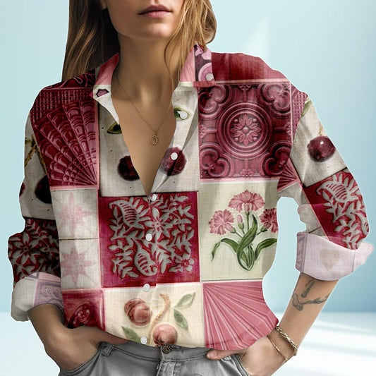 Pink Ceramic Tile Print Blouse Shirt, Button Down Long Sleeve Linen Top for Women