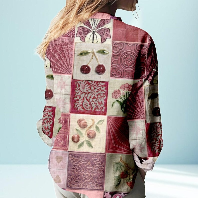 Pink Ceramic Tile Print Blouse Shirt, Button Down Long Sleeve Linen Top for Women