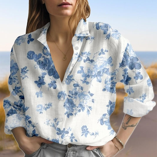 Blue Floral Button Down Shirt, Watercolor Flower Linen Shirt