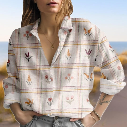Plaid Floral Linen Blouse Shirt, Cottagecore Garden Button Shirt