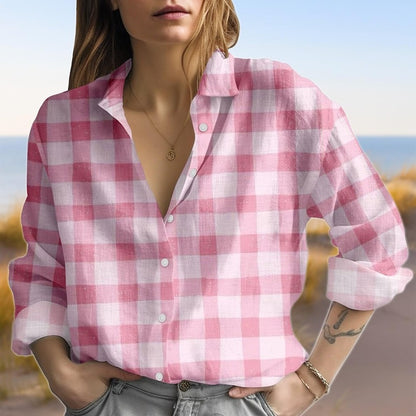 Pink Gingham Check Linen Blouse Shirt, Cute Pink Plaid Button Up
