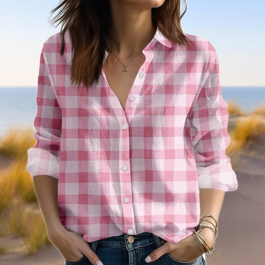 Pink Gingham Check Linen Blouse Shirt, Cute Pink Plaid Button Up