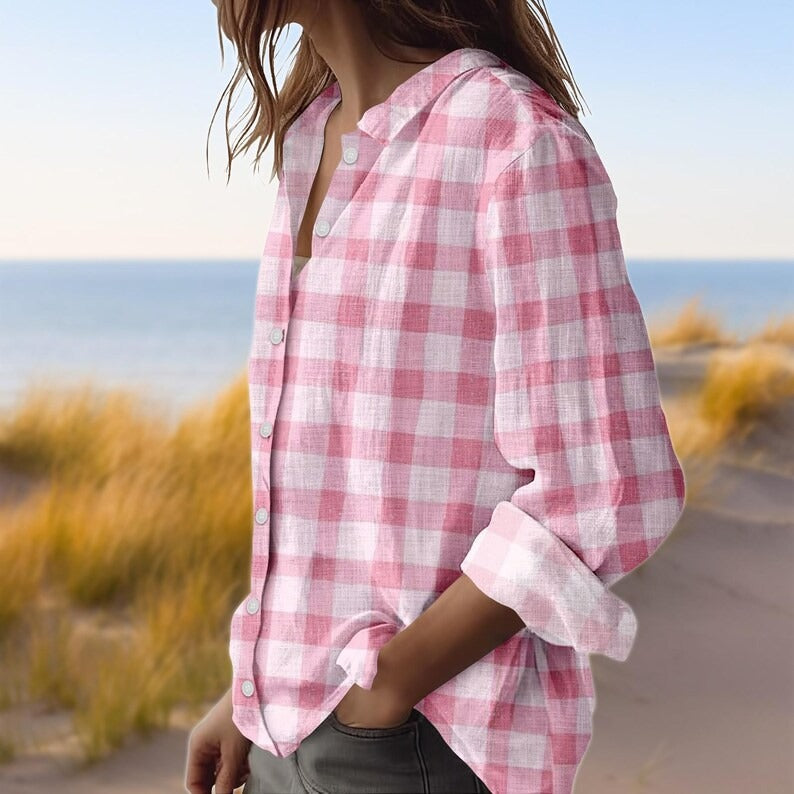 Pink Gingham Check Linen Blouse Shirt, Cute Pink Plaid Button Up
