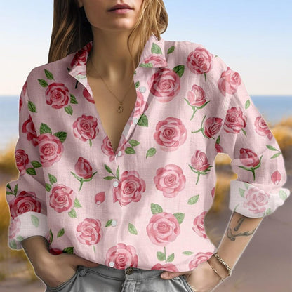 Pink Rose Floral Blouse Shirt, Watercolor Flower Print Linen Shirt