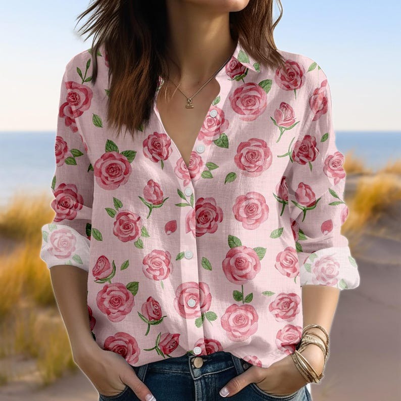 Pink Rose Floral Blouse Shirt, Watercolor Flower Print Linen Shirt
