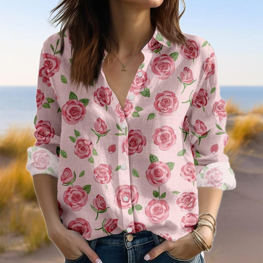 Pink Rose Floral Blouse Shirt, Watercolor Flower Print Linen Shirt