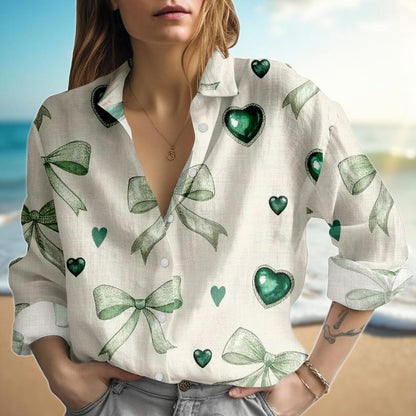 Green Bow Heart Blouse Shirt, Women Linen Look Button Down Shirt