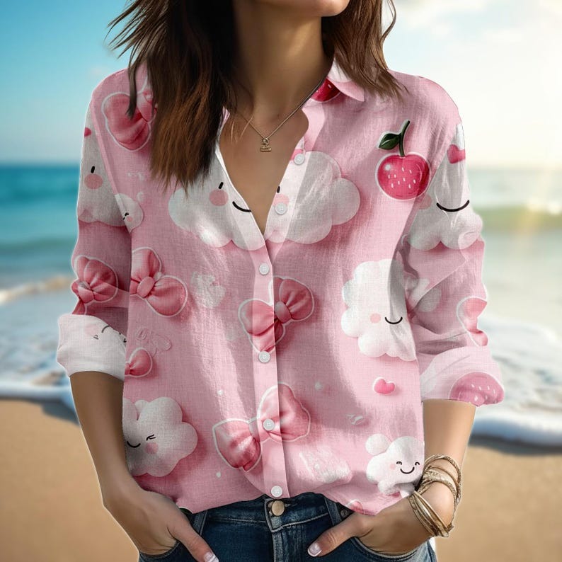 Pink Cloud Cherry Blouse Shirt, Women Linen Look Button Down Shirt
