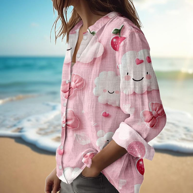Pink Cloud Cherry Blouse Shirt, Women Linen Look Button Down Shirt