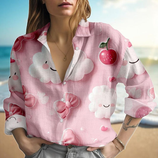 Pink Cloud Cherry Blouse Shirt, Women Linen Look Button Down Shirt