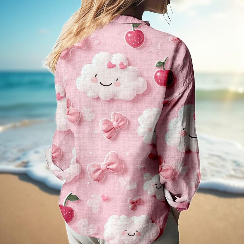 Pink Cloud Cherry Blouse Shirt, Women Linen Look Button Down Shirt